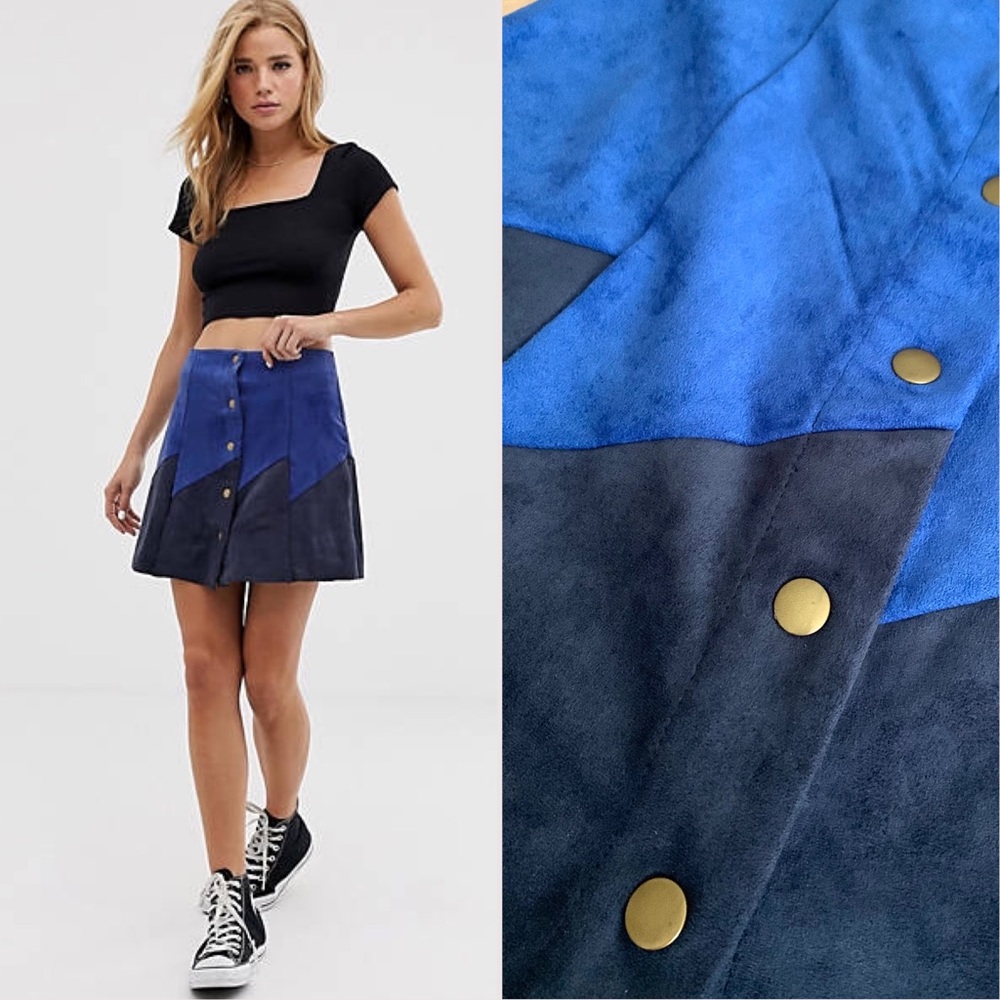 NWT UK Blue Suede Snap Front Mini Skirt